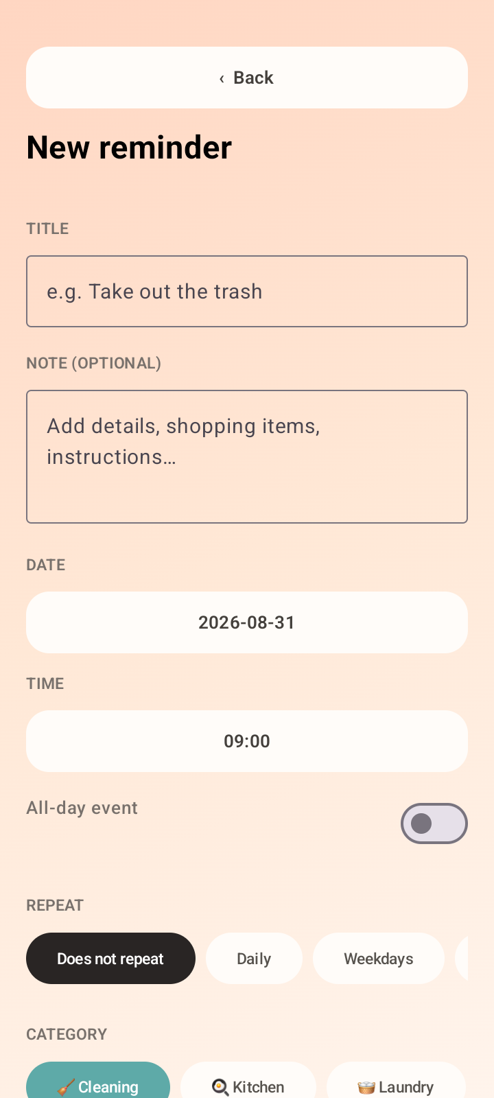 Home Whisper Reminder create reminder screen